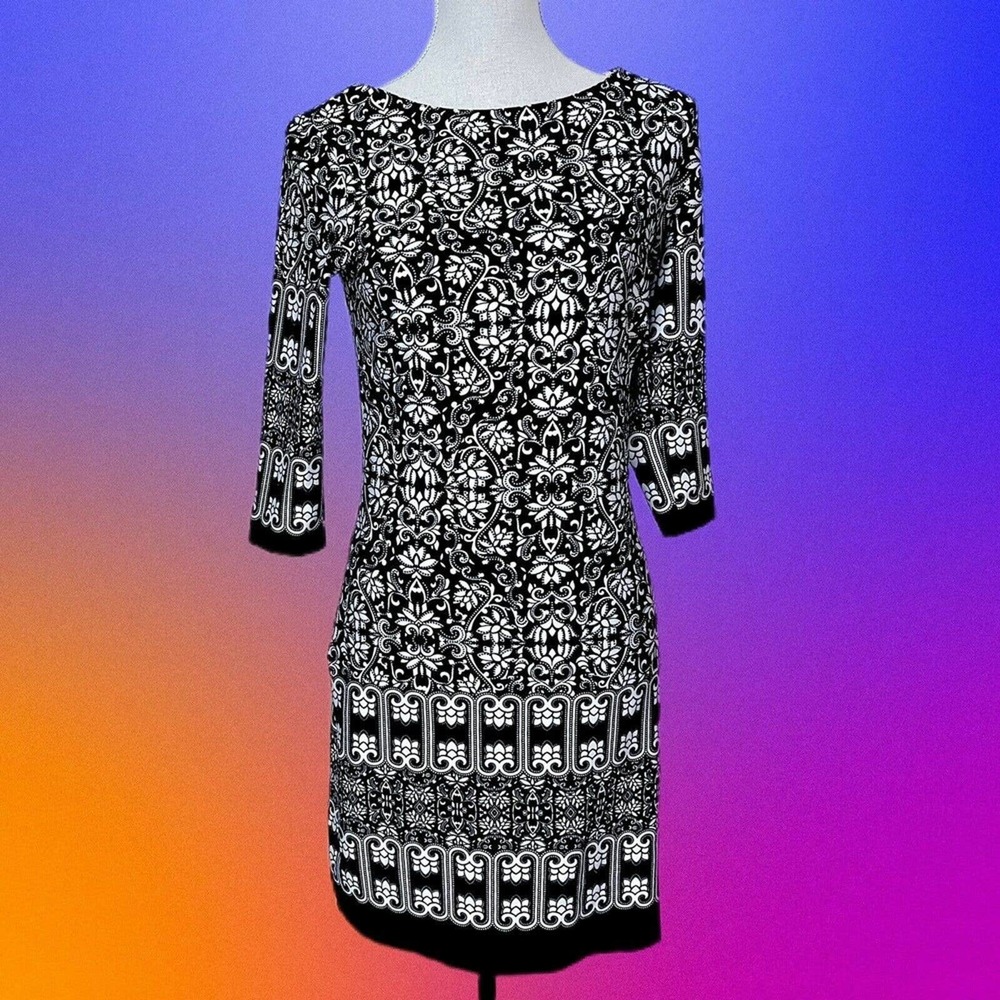 Black White Stretch Dress Boatneck Business Casual Travel Wrinkle Free Packable